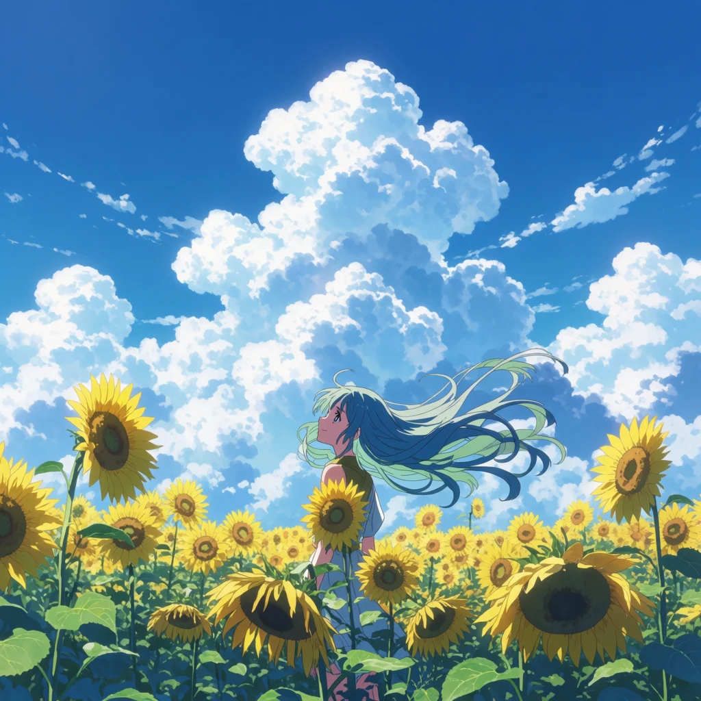 入道雲の広がる夏空の下、ひまわり畑に立つ青緑の髪の少女のアニメ調イラスト