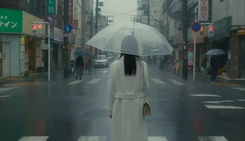 雨の夜のネオン街で、白いコートの若い女性が透明な傘を開いてこちらを振り向く動画