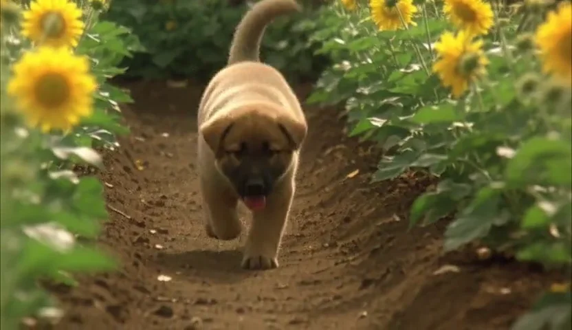 夕日に照らされた花畑を、ゴールデンレトリバーの子犬がこちらへ駆けてくる動画