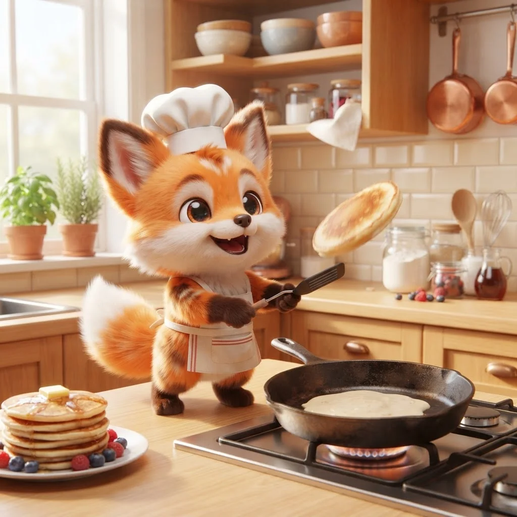 明るいキッチンでコック帽をかぶってパンケーキを返す、かわいいキツネのキャラクターの3D画像