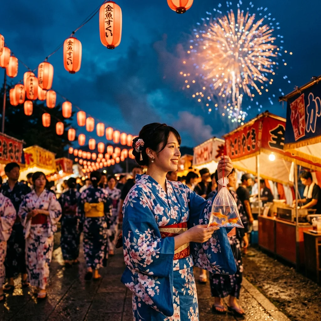 赤い提灯が並ぶ夕暮れの夏祭りで、金魚の袋を持つ青い浴衣の若い女性と頭上の花火