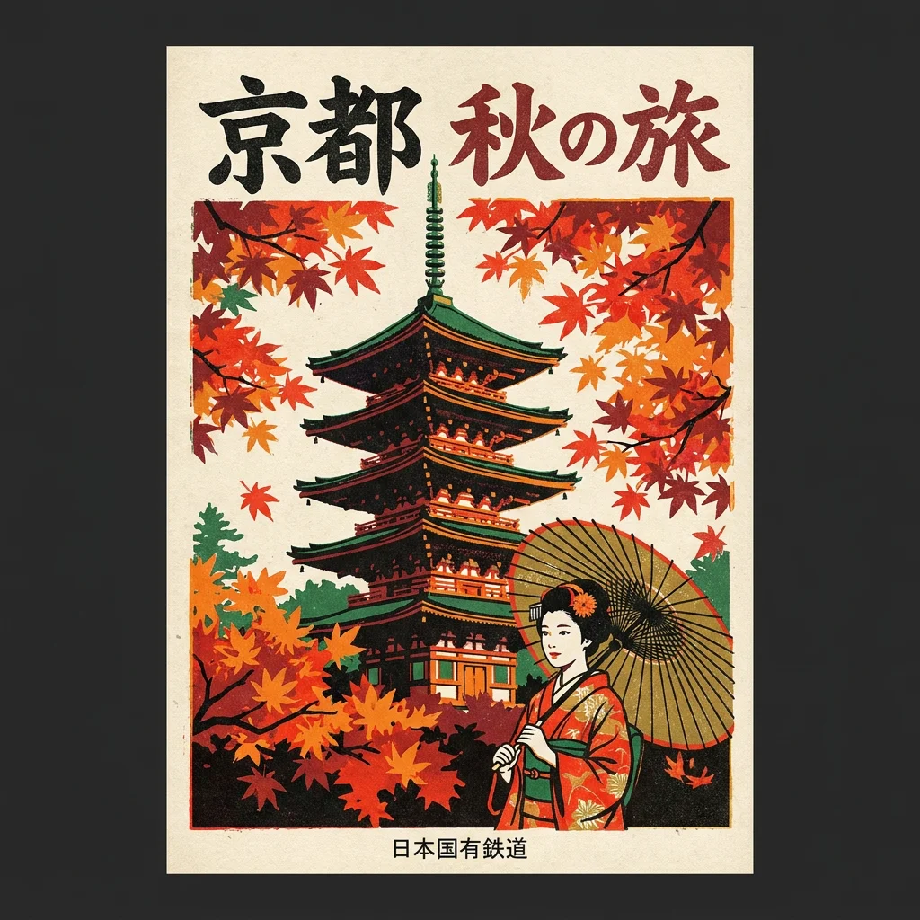「京都 秋の旅」の題字と、紅葉に囲まれた五重塔、和傘を持つ着物の女性が描かれたレトロな旅行ポスター