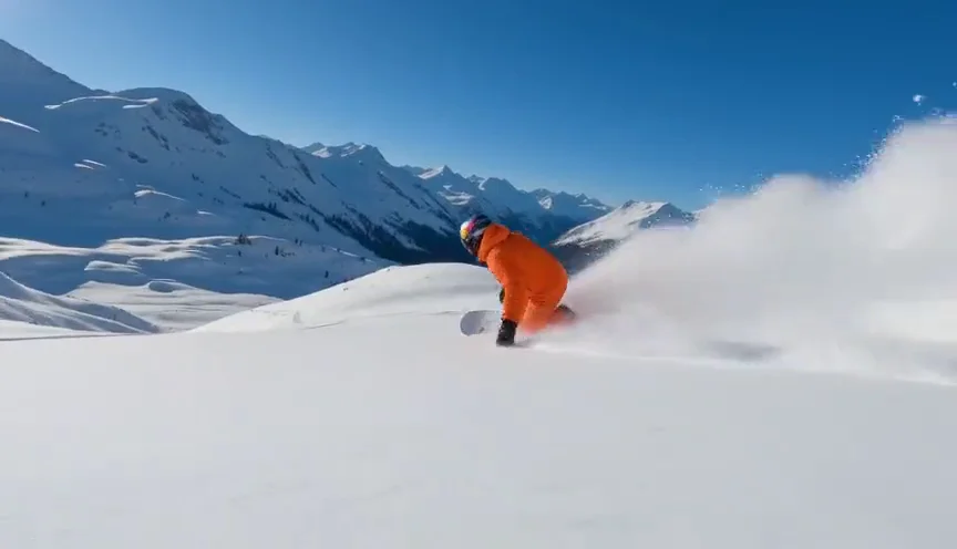青空の下、パウダースノーの斜面を弧を描く雪煙を上げて滑り降りるスノーボーダーの動画