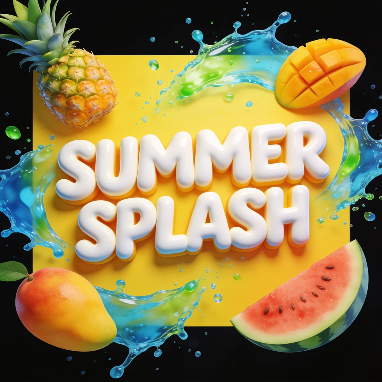 立体的な文字で「SUMMER SPLASH」と書かれ、トロピカルフルーツと水しぶきが弾ける黄色のポスター