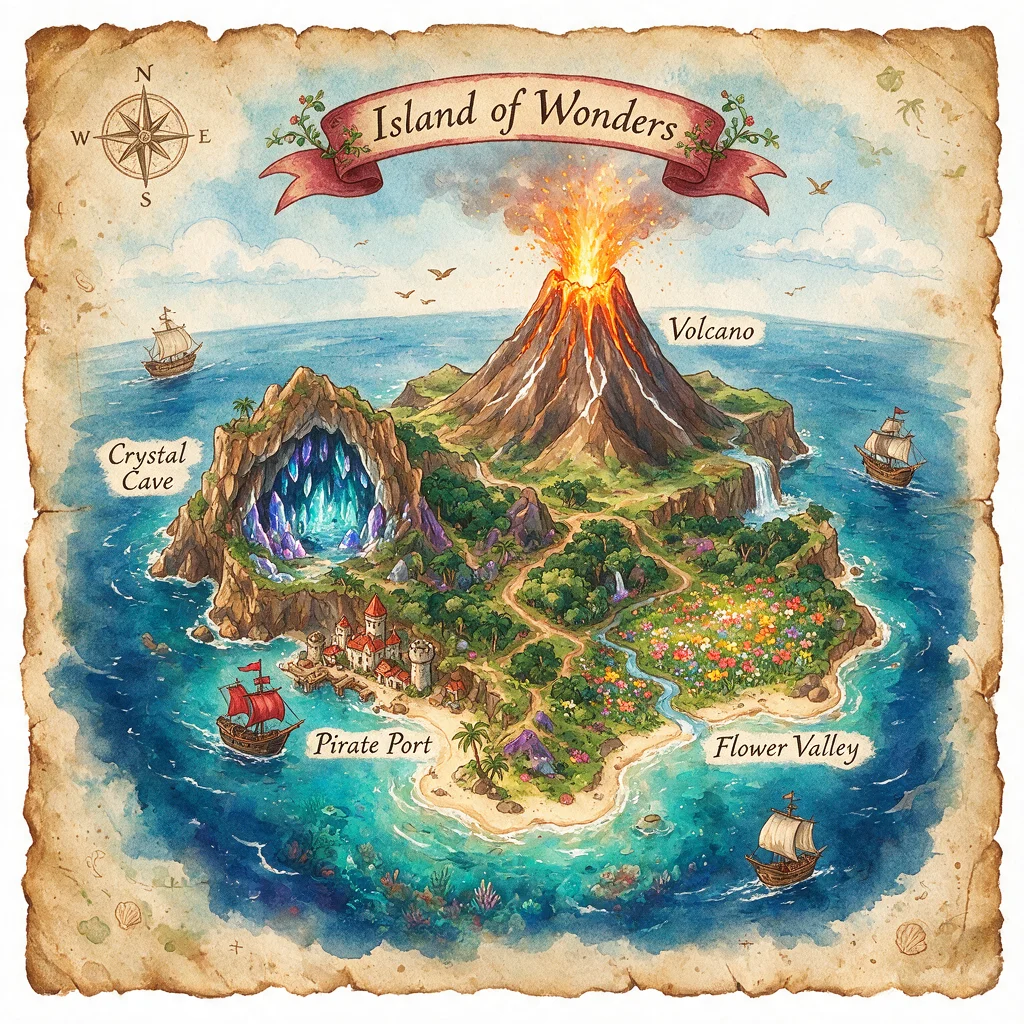 「Island of Wonders」の題で、火山や水晶の洞窟、海賊の港、花の谷に名前が添えられた古地図風のイラスト